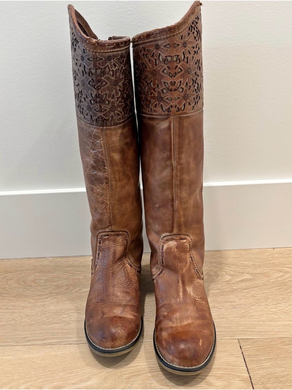 Corral Brown Leather Knee-High Booties with Laser-Cut Shaft 8M